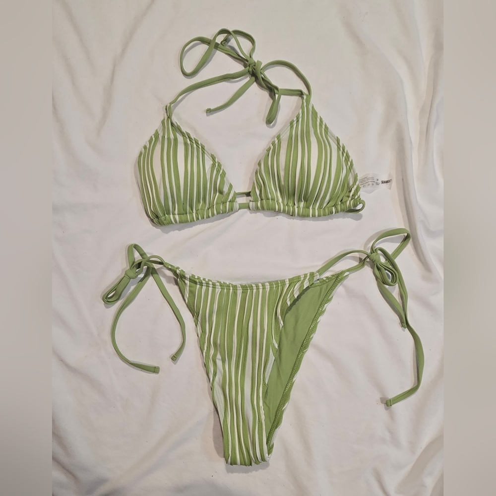 Green and White Striped Bikini Set